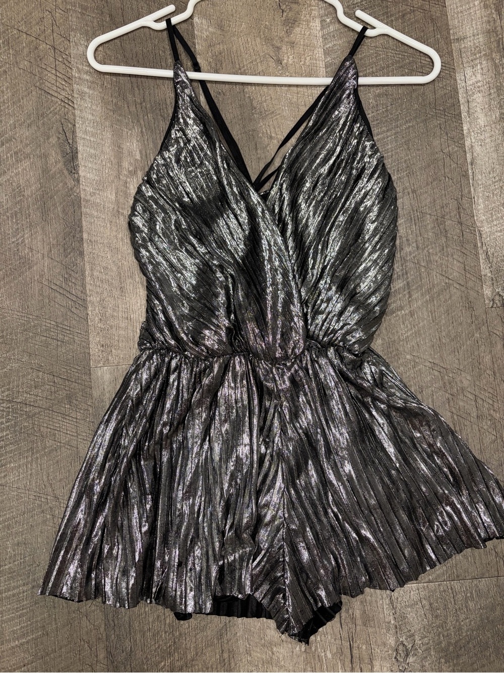 Women’s Metallic Black Pleated One-Piece Romper